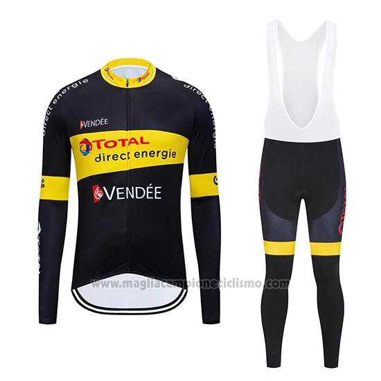 2019 Abbigliamento Ciclismo Direct Energie Nero Giallo Manica Lunga e Salopette